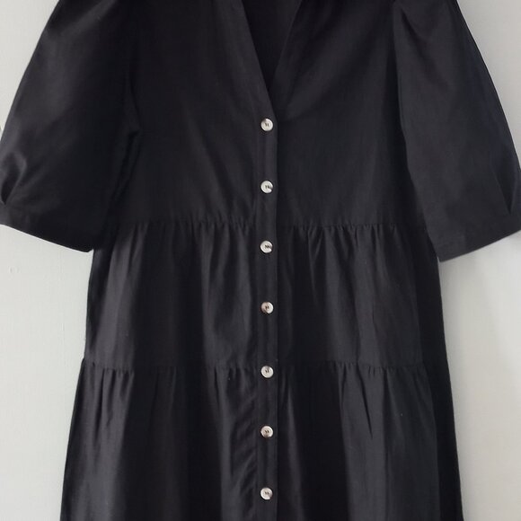 ESQUALO black cotton/linen tiered dress with puff sleeves - Picture 3 of 12